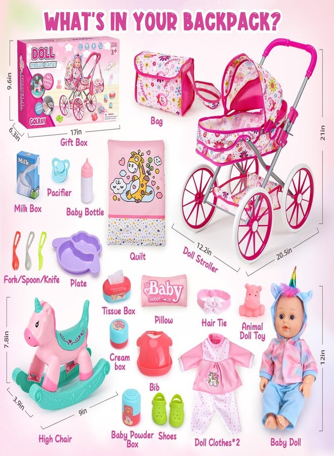 Golray 12 in Baby Doll Toys Set with Stroller for 3 4 5 6 Year Old Girl - 26pcs Babydoll with Accessories Rocking Horse/2 Clothes, Feeding Nursing Pretend Play Toddler Girl Toy Gift 3-5-7 - Image 2